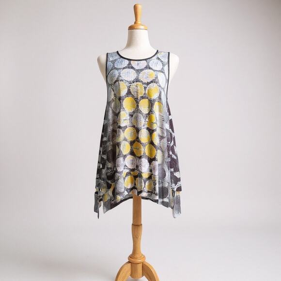 Alembika Top Sz Sm Hive Drapey Tank Gray Yellow Lightweight Lagenlook Artsy - Picture 1 of 9